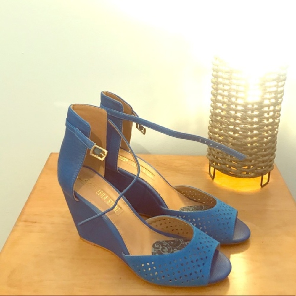 Leila Stone Porsha blue wedge heels